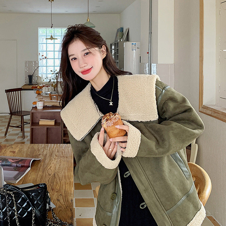 Women's Korean-style Retro Green Suede Lambswool Coat